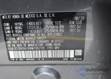 2022 Honda Hr-V 2Wd Sport z USA, uszkodzony, nr VIN 3CZRU5H18NM706248